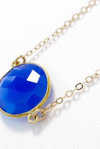 Blue onyx necklace: 22k Vermeil bezel set dark blue gemstone pendant