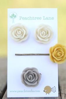 Mustard Yellow Flower Hairpin // Cream Ivory Rose Earrings // Grey Ring // Maid of Honor Gifts // Maid of Honor Gifts // Vintage Wedding