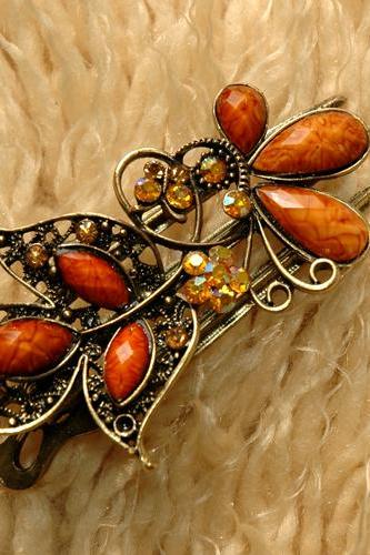 Amber Stones and Rhinestone Butterfly Claw Clips