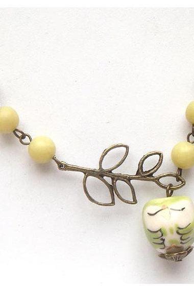 Antiqued Brass Leaf Lemon Jade Porcelain Owl Necklace