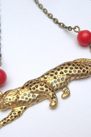 Antiqued Brass Cougar Red Coral Necklace