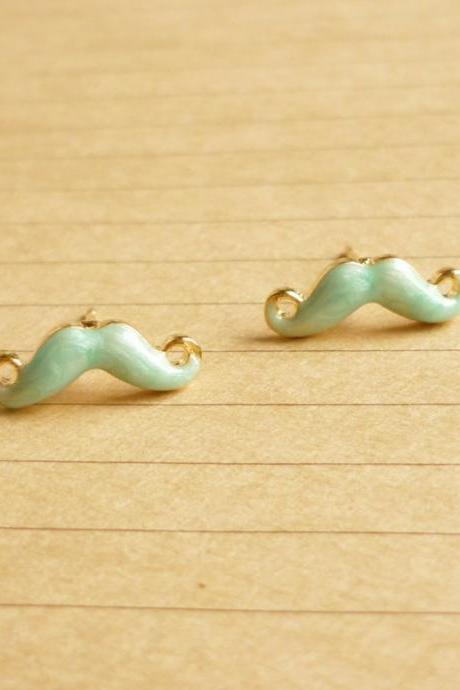 SALE - Tiny Pale Green Mustache Post Earrings - 14 mm