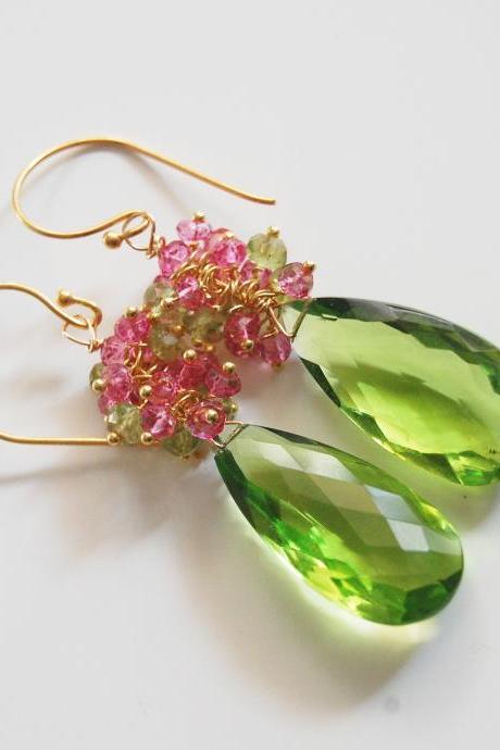  Gemstone Peridot Dangle Earrings - Peridot Earrings - Cluster Earrings - Peridot Cluster earrings - Pink Quart Earrings