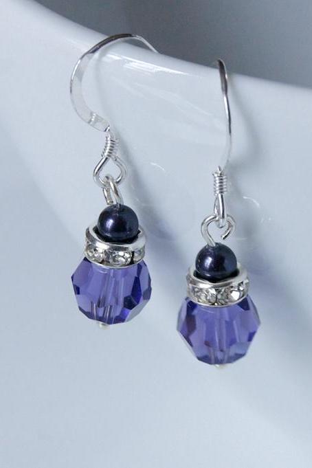 Purple Earrings - Pearl And Crystal, Swarovski - Bridesmaids - Bridal Party Gift