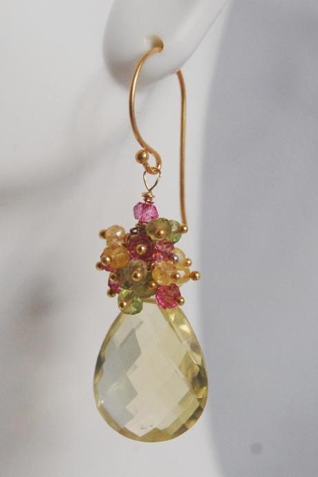  Genuine lemon Quartz Cluster Dangle Earrings - Gemstone peridot - pink quartz Cluster Dangle drop Earrings