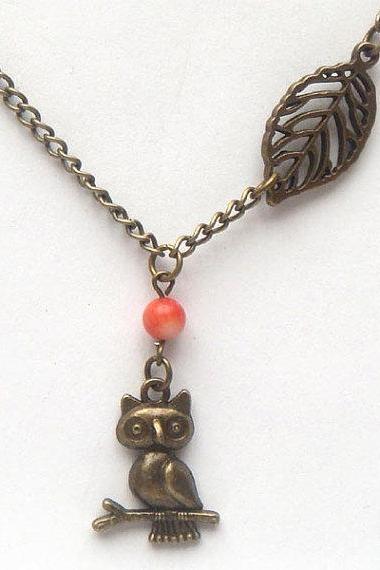 Antiqued Brass Owl Leaf Pink Coral Necklace