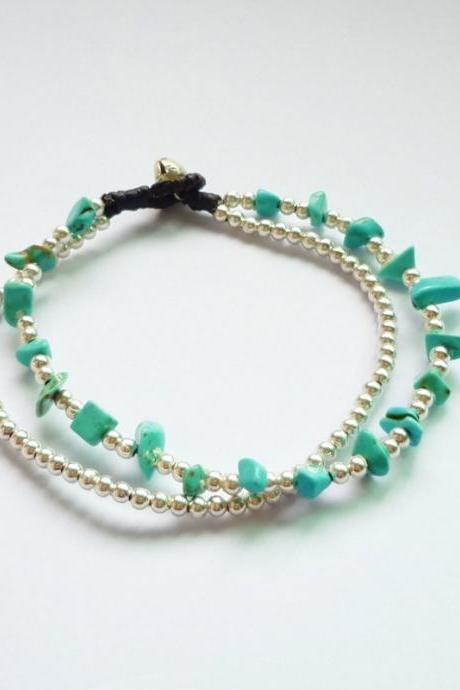 Double Strands of Turquoise Blue Chip Beads and Silver Plated Beads with Wax Cord Bracelet 