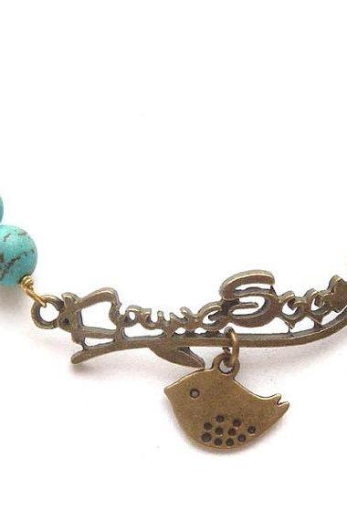 Antiqued Brass Branch Bird Turquoise Necklace