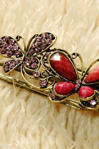 Pink Stones and Rhinestone Butterfly Claw Clips