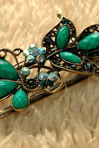 Emerald Stones and Rhinestone Butterfly Claw Clips