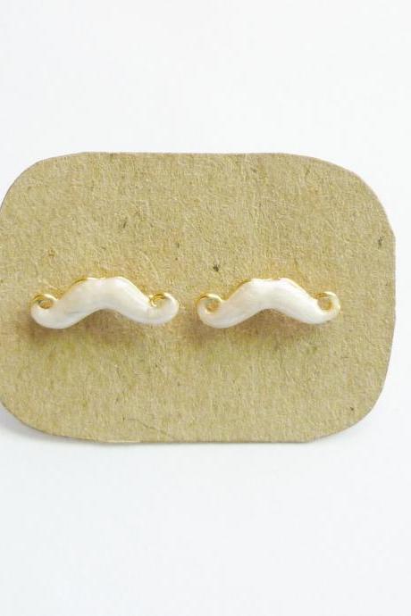 on SALE - Tiny White Mustache Post Earrings - 14 mm - Gift under 10