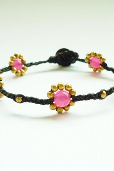 Pink Daisy - Small Gold Flower with Pink Stone Bead Wax Cord Bracelet - Customized Bracelet - Gift under 10