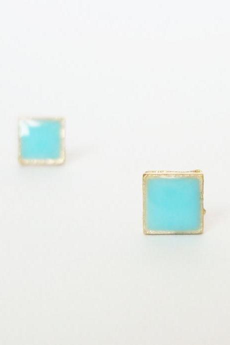 on SALE - Lil Blue Square Stud Earrings - Gift under 10