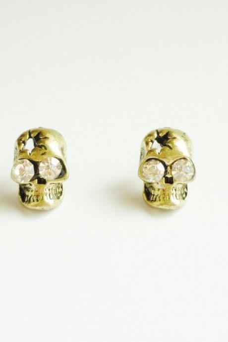 Antique Brass Metal Skull Stud Earrings