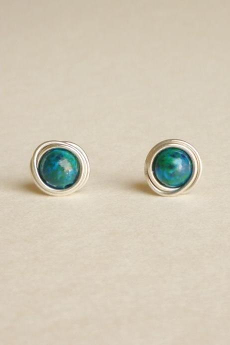 Tender Earrings - Malachite Azurite Stone Wrap Stud Earrings - Gift Under 10 - Blue And Green Earrings