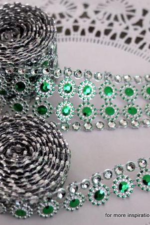 Two Yards Of Faux Rhinestone And Blossom Trim - Emerald And Diamonds