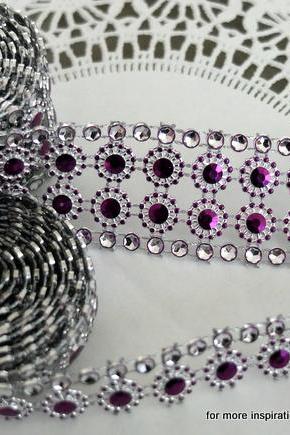 Two yards of faux Rhinestone and Blossom Trim - Purple and Diamonds