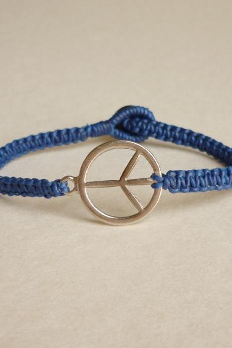 Peace Me - Silver Plated Peace Charm Woven With Navy Blue Wax Cord Bracelet - Gift Under 15 - Gift For Him