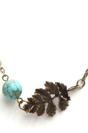 ON SALE - Antiqued Brass Leaf Green Turquoise Necklace