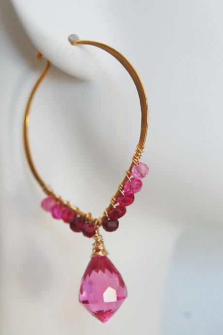  Gemstone Hoop Earrings - Hot Pink Quartz and Shaded Ruby Hoop Chandelier Earrings