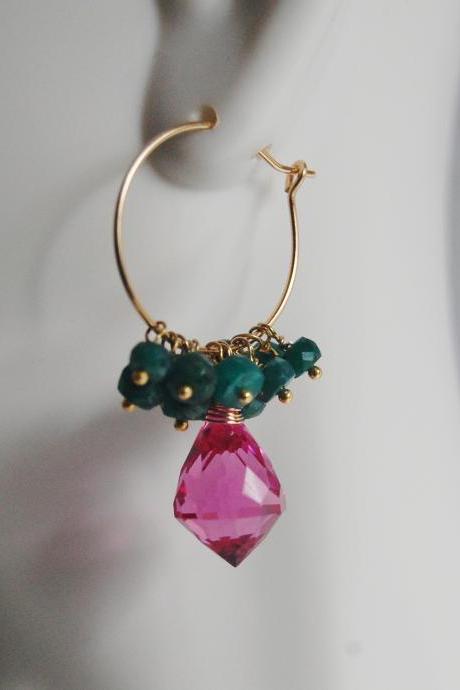  Gemstone Hoop Chandelier Earrings - Hot Pink Quartz and Gorgeous Emerald Hoop Chandelier Earrings