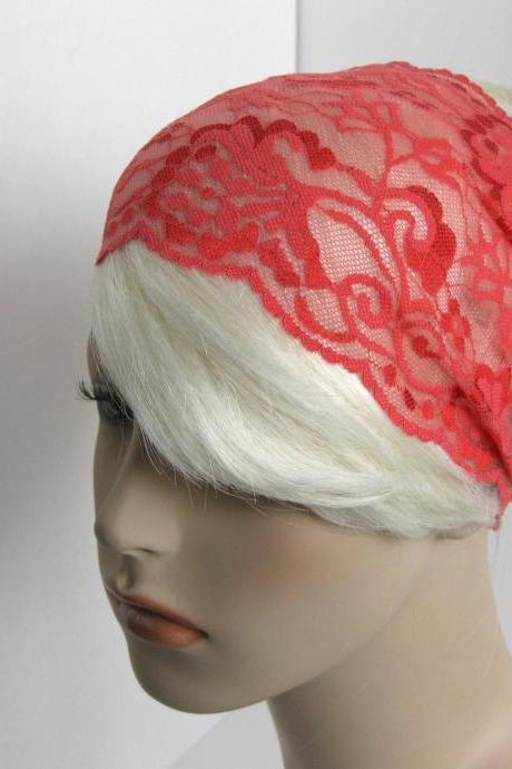 Wide Stretch Lace Headband Coral Pink Flowers Fancy Head Wrap Women's Hairband Traditional Head Covering