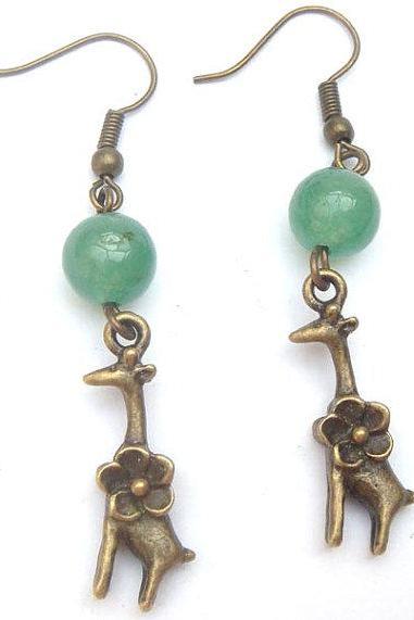 Antiqued Brass Giraffe Green Jade Earrings
