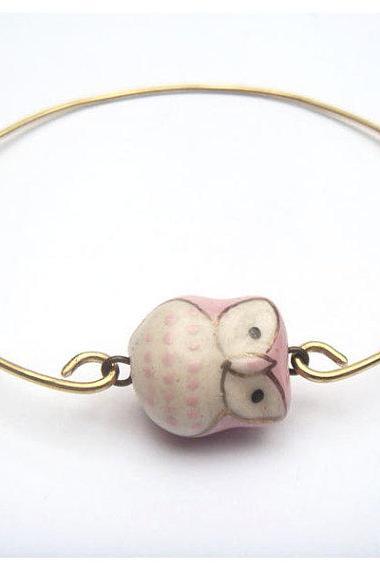 Brass Pink Porcelain Owl Bracelet