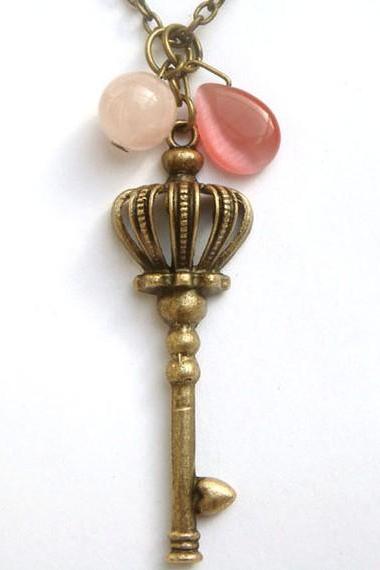 Antiqued Brass Key Rose Quartz Cat Eye Necklace