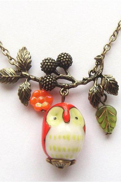 Antiqued Brass Branch Flower Porcelain Owl Necklace