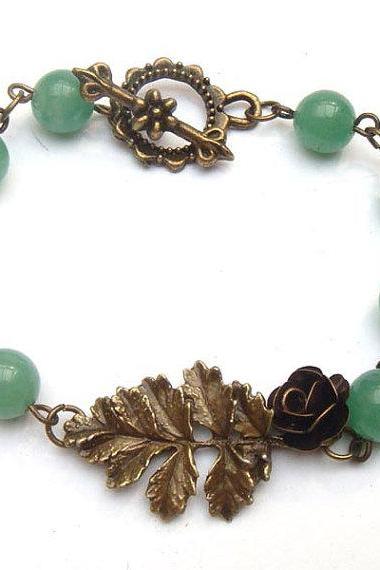Antiqued Brass Leaf Flower Jade Bracelet