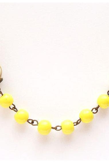 Antiqued Brass Yellow Porcelain Round Bead Owl Necklace