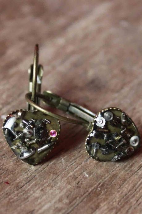 Lovely Heart-shaped Earrings From Vintage Watch Parts