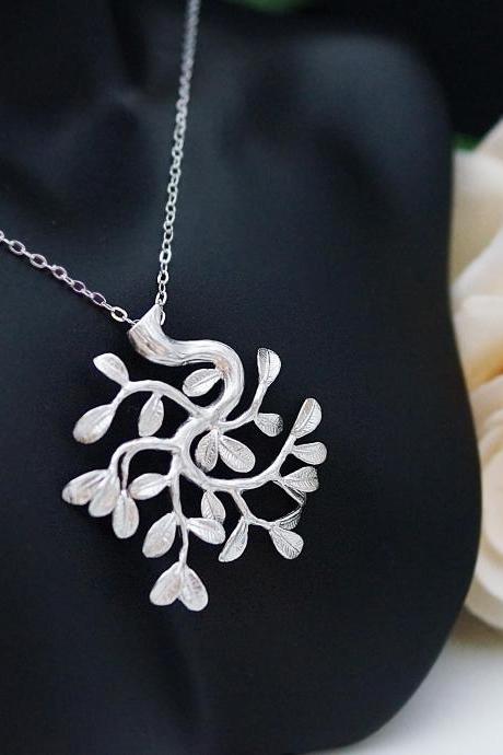 Tree Of Life . Matte White Gold Plated Tree With Branch And Leaf Necklace