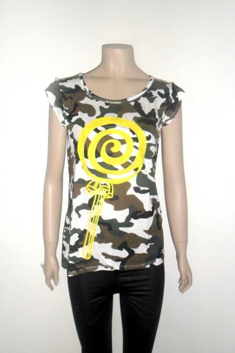 camouflage t shirt, yellow shine lollipop candy pastel color
