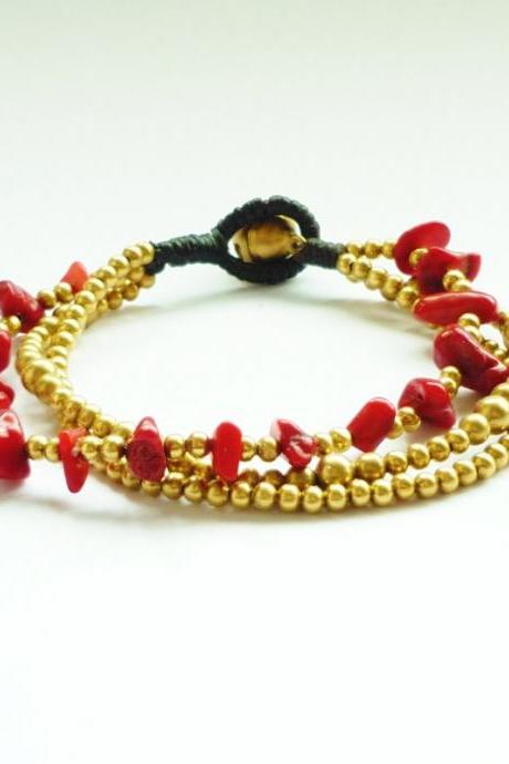 The Red - Three Strand Of Red Coral Chip And Brass Bead With Wax Cord Bracelet - Customized Bracelet - Gift Under 10