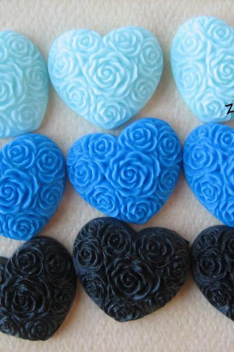 9pcs - Heart Flower Cabochons - Resin - Blue, Royal Blue And Black Mix - 19x21mm - Cabochons By Zardenia