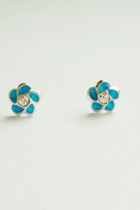 SALE - Small Blue Flower Stud Earrings - 925 Sterling Silver Earrings - gift under 15