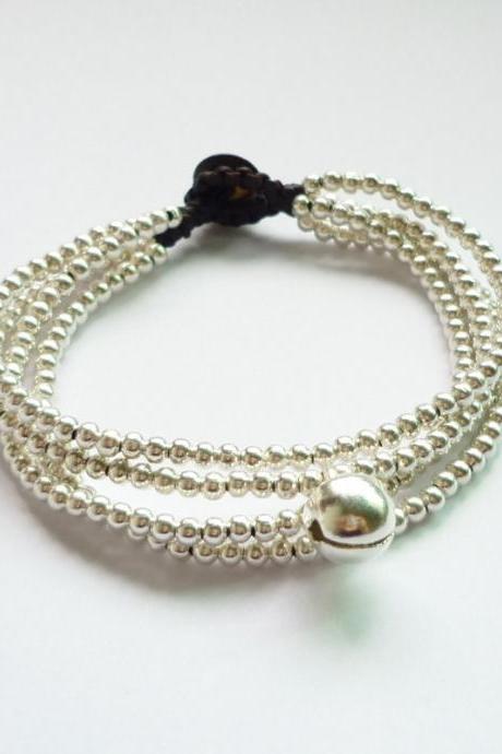 Silver Line - Four Strands of Silver Plated Bead with Wax Cord Bracelet - Customized Bracelet - Gift under 15