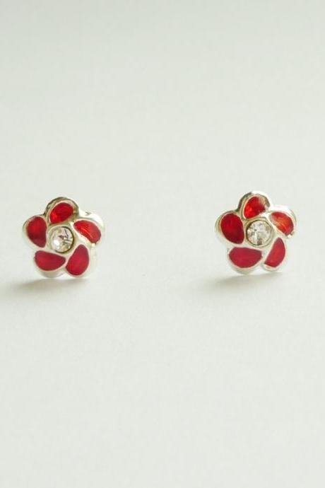 - Small Red Flower Stud Earrings - 925 Sterling Silver Earrings - Gift Under 15