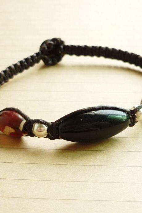 Mix of Brown Tibetan DZI Beads,Black Marquise Beads and Silver Ball Bead and Black Stone with Black Wax Cord Bracelet - Gift under 15 - Men Jewelry