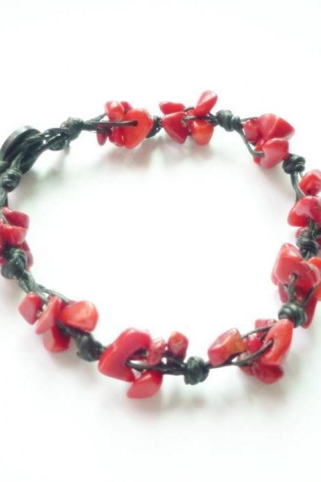 The Cluster - Red Coral Stone Chip Beads Wax Cord Bracelet - Gift under 15