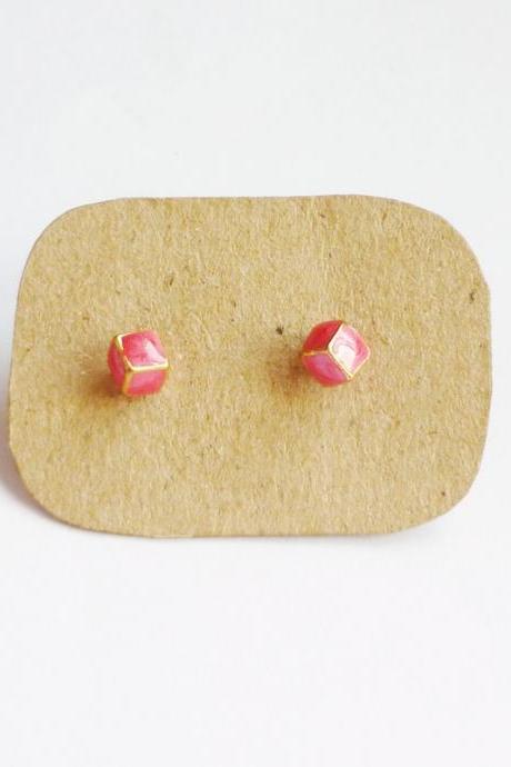 SALE - Lil Pink Red Cubic Cube Ear Stud Earrings - Gift under 10