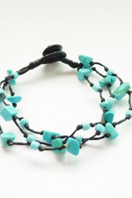 Triple Strands Of Turquoise Blue Chip Beads And Blue Seed Beads With Wax Cord Bracelet - Gift Under 10