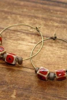 Maroon Ceramic Cube Bronze Beads Hoop Earrings