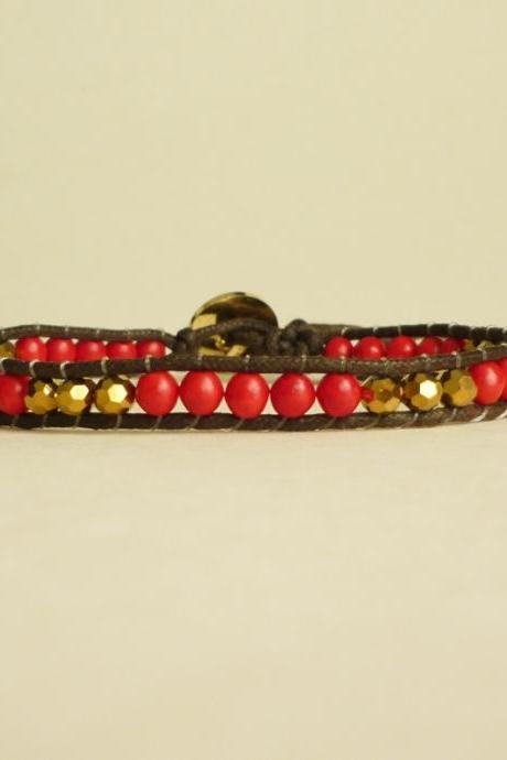 Red and Gold Single Wrap Bracelet - Gift under 15