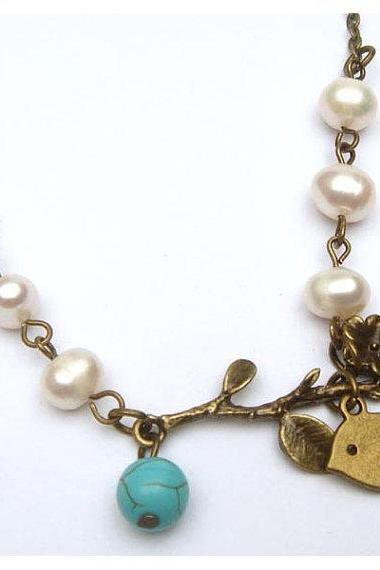 Antiqued Brass Branch Bird Turquoise Pearl Necklace