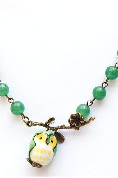 Antiqued Brass Leaf Green Jade Porcelain Owl Necklace