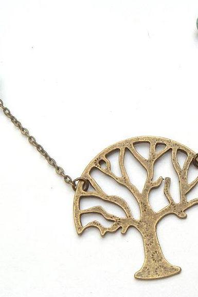 Antiqued Brass Tree Green Turquoise Necklace