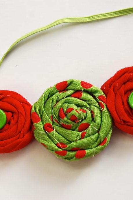 Christmas rosettes in green and red polka dots holiday baby, toddler, girls, women handmade elastic